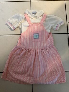 Vintage USA Oshkosh B'gosh 2PC Pink Gingham Striped Jumper Dress & Polo Shirt 6X